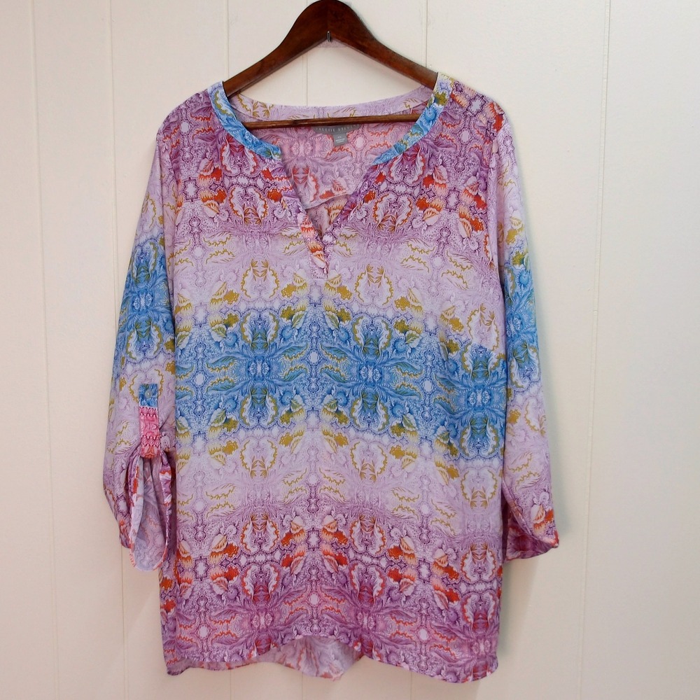 Valerie Stevens 2X Blouse Top‎ Multicolor Paisley Print V Neck Womens /#7255